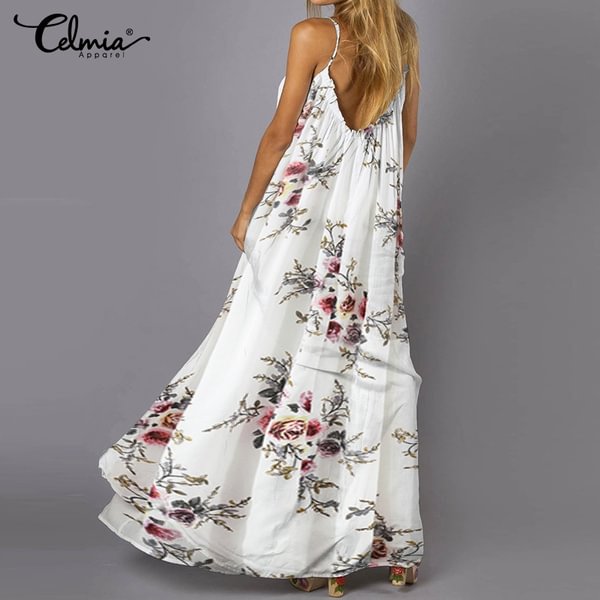 3 Color Summer Womens Floral Print Spaghetti Strap Halter Dress Sexy Backless Baggy Long Plus Size Party Dress - Shop Trendy Women's Fashion | TeeYours