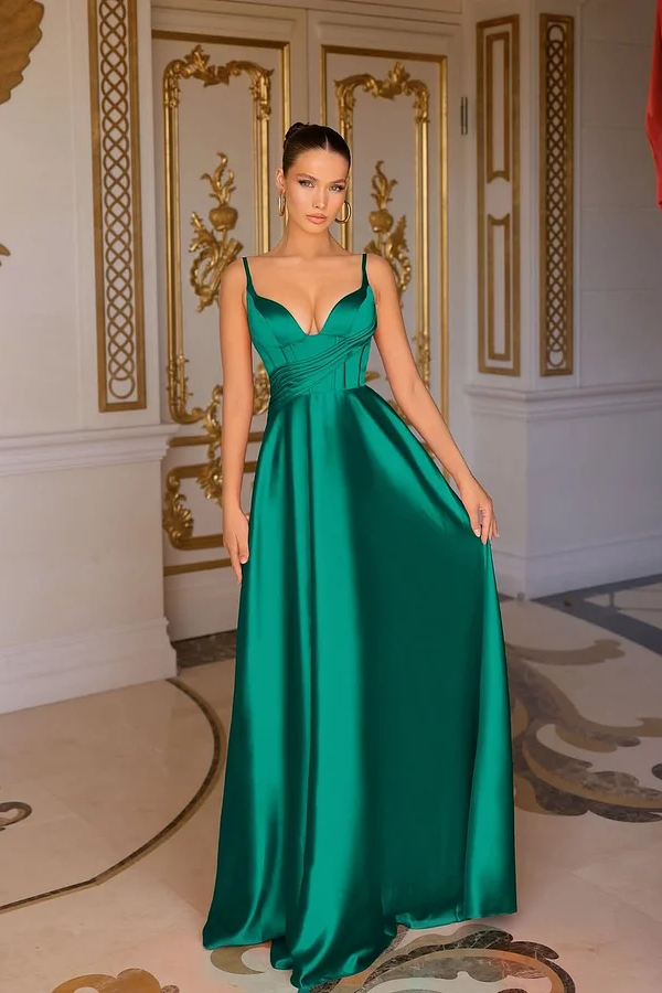 Daisda Sleeveless Deep V-Neck Spaghetti Straps A-Line Prom Dress