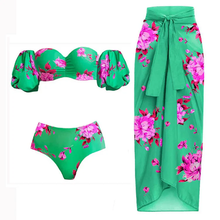 Morisly Floral Printed Puff Sleeve Bikini Swimsuit and Cover Up