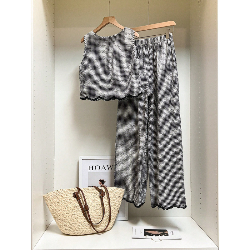 Women Gingham 2 Piece Outfit Sleeveless Scalloped Crop Top Elastic Waist Wide Leg Pants Set