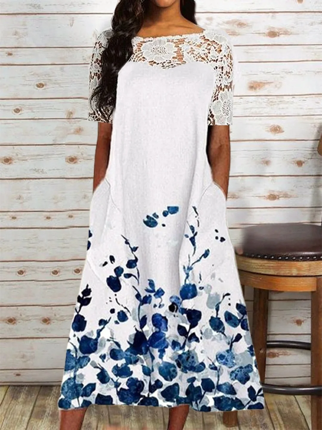 Women's Floral Print Lace Patchwork Short Sleeved Dress
