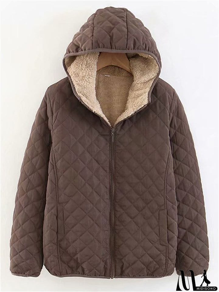 MidiSono - Women's Sports Style Solid Color Plush Liner Short Coat with Hood