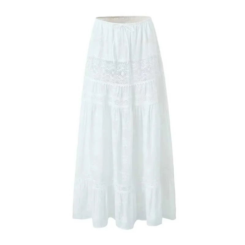 Nncharge Inspired Sexy Elegant Women Lace Embroidery White Long Skirt Vintage Elastic Waist A-line Summer Holiday maxi Skirts