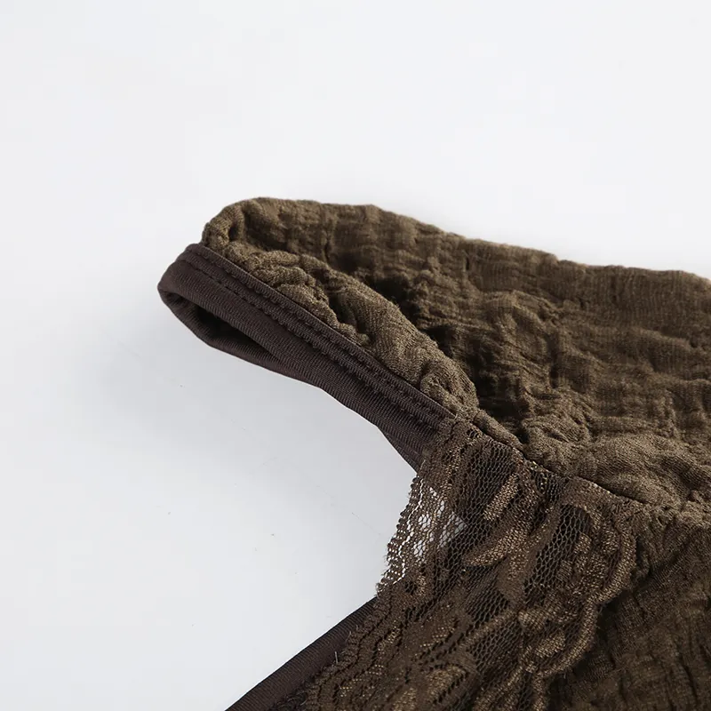 Hotsweet Lace Trim V-Neck Brown Long Sleeve Blouses Bow Lace Up Flared Sleeve Slim Chic Y2k Autumn New T-Shirt