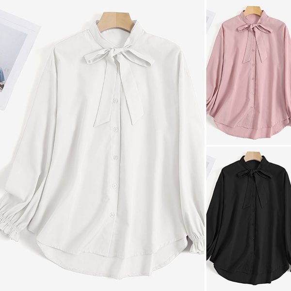 Women Tie Neck Blouse OL Fashion Long Sleeve Plain Shirt Loose Tops - Shop Trendy Women's Clothing | LoverChic