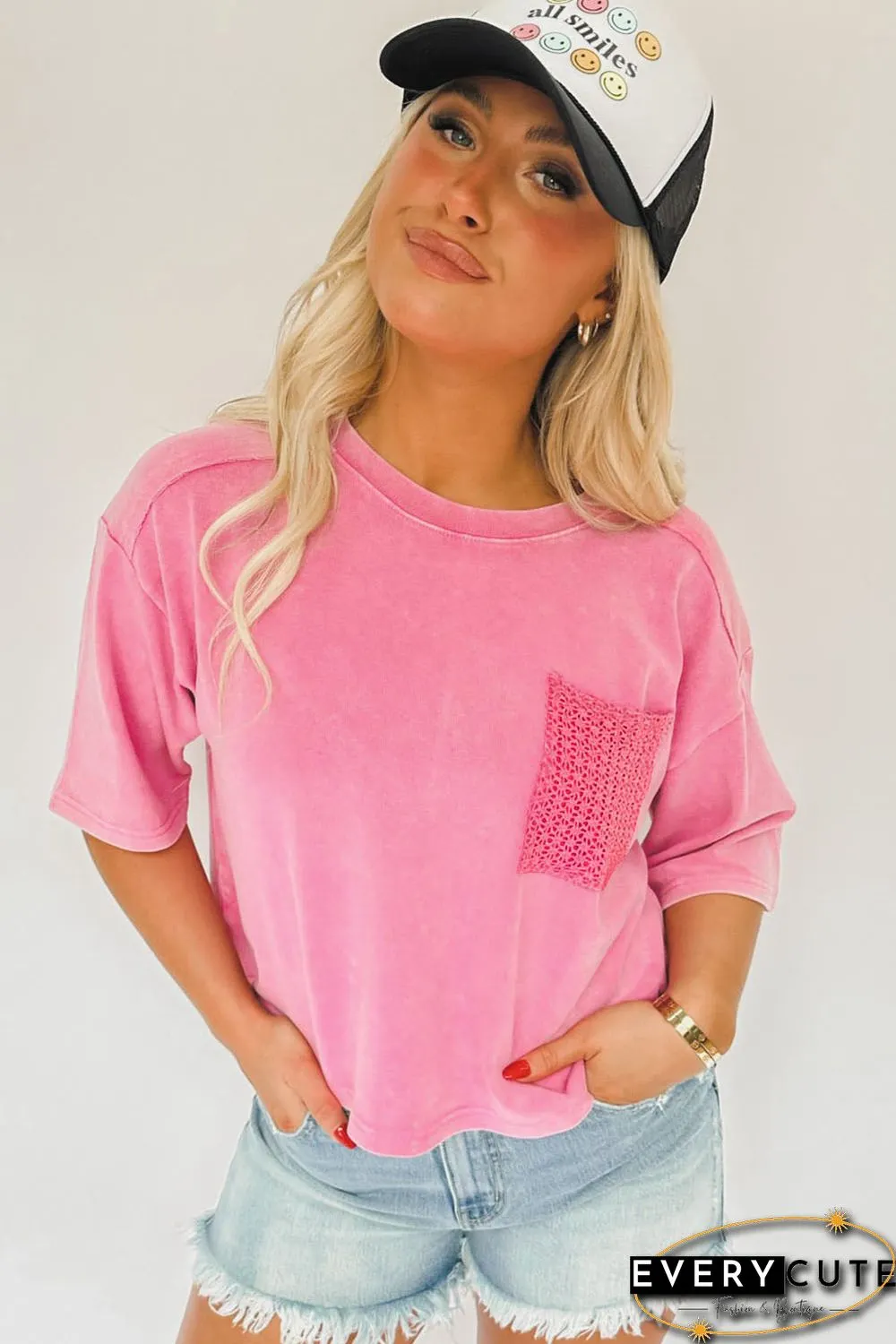 Pink Acid Wash Lace Patch Pocket T-Shirt
