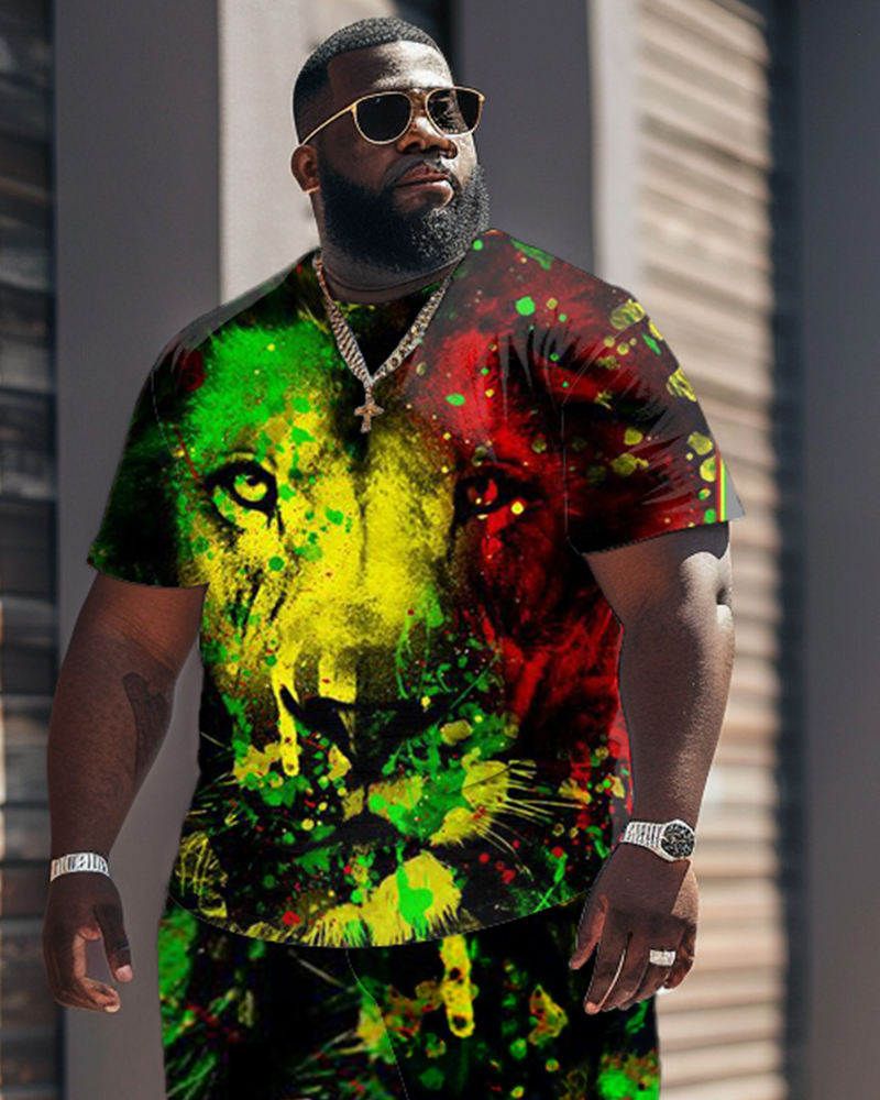 Street Cartoon Red And Green Color Block Splash Ink Print Large Men's Suit