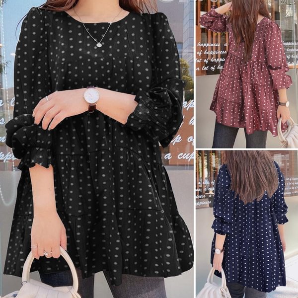 Plus Size Women's Round Neck Cotton Tops Polka Dot Tops Puff Sleeve Casual Blouse Tee Shirt - Shop Trendy Women's Clothing | LoverChic