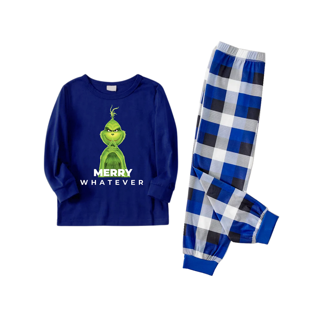 Cartoon Pattern and "Merry Whatever" Text Printed Blue and White Plaid Family Matching Pajamas