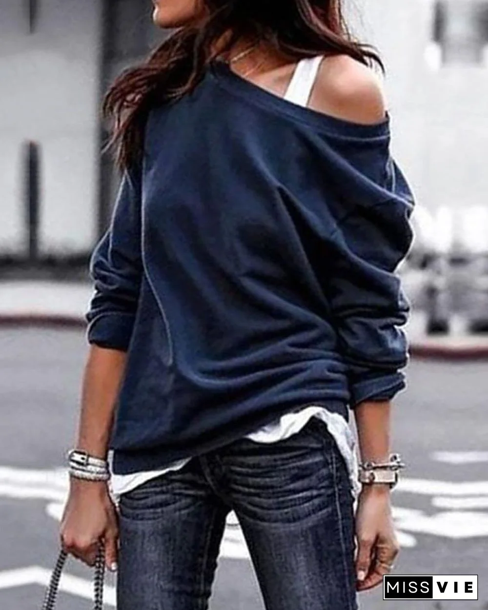 Solid Skew Neck Long Sleeve Casual T-Shirt P15279