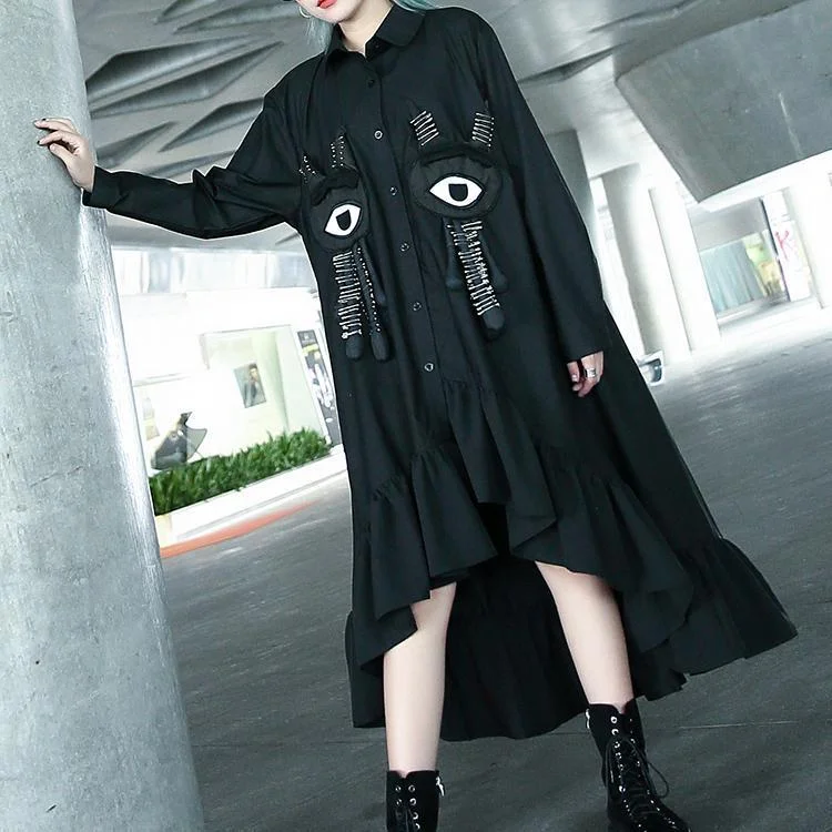 Fine black autumn shirt dress trendy plus size Turn-down Collar gown Fine asymmetrical design large hem shirt dress