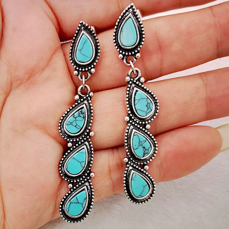 Waterdrop-shaped Retro Long Earrings Fashion Ladies Creative Tree Leaves Green Stone Pendant Earrings