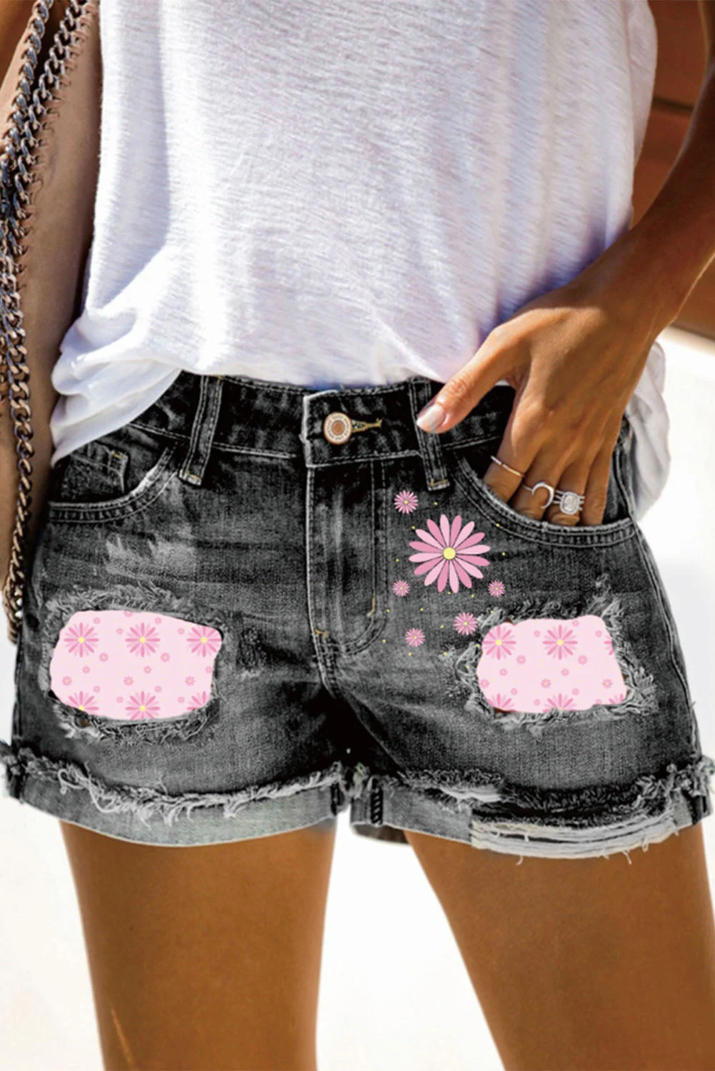 Pink Gerbera Print Cutout Mid Waist Straight Denim Shorts