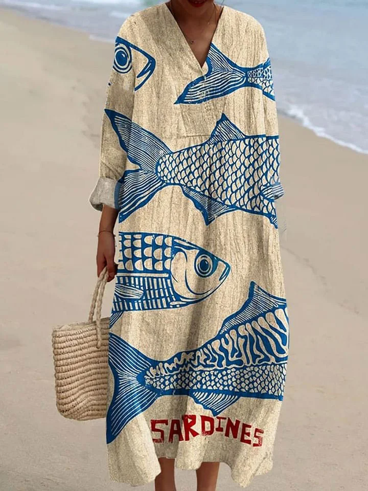 Women's Vintage Fish Sardines Art Print Flowy Dress