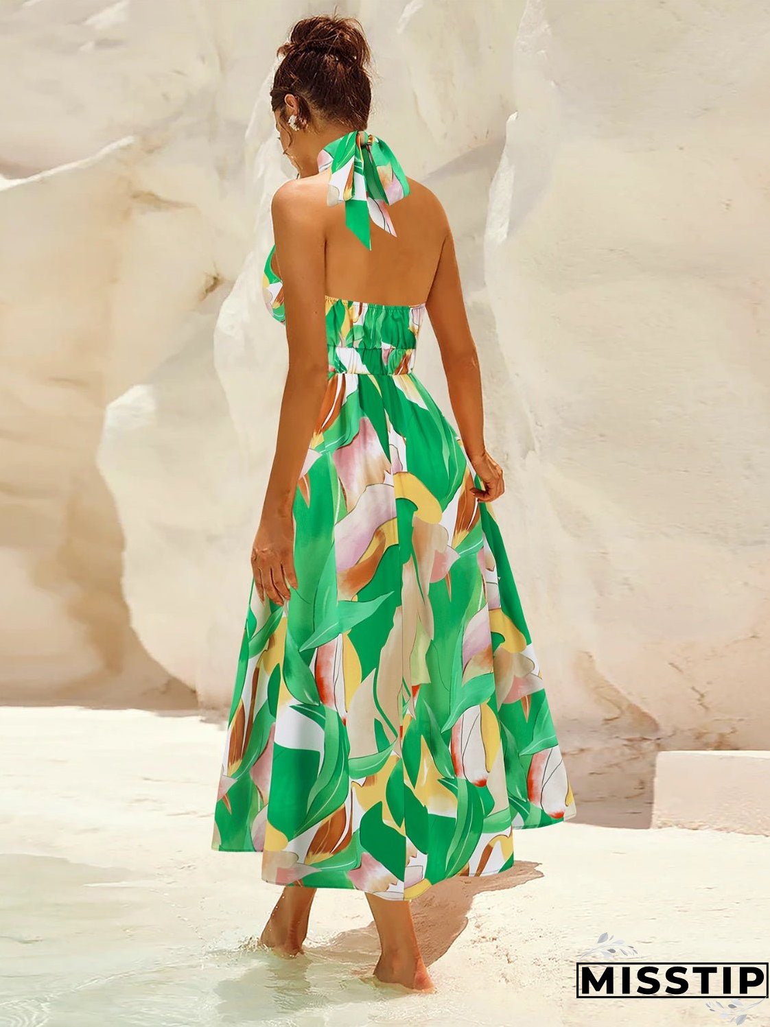 Ruched Printed Halter Neck Sleeveless Dress