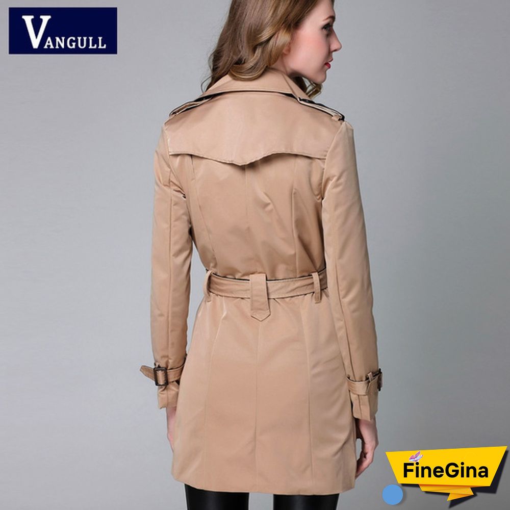 Vangull Brand Trench Coat for Women Turn-Down Collar Double Breasted Long Coats Plus Size