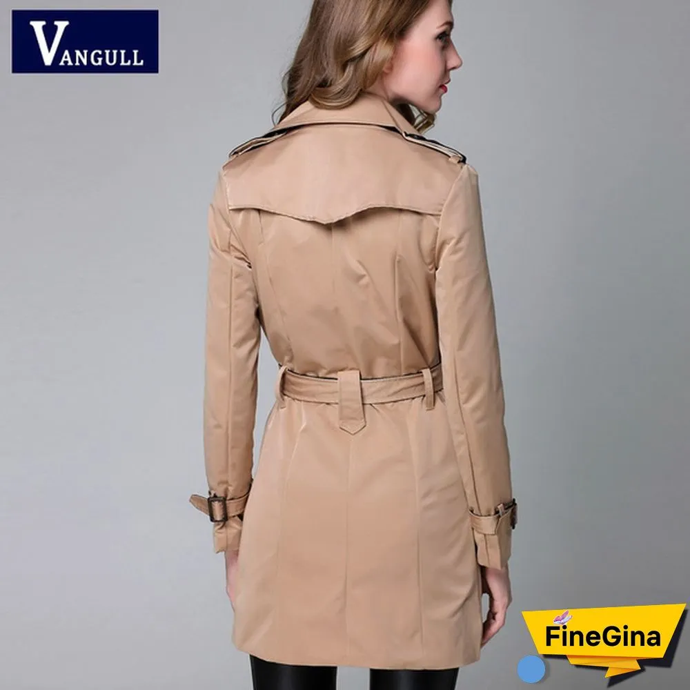 Vangull Brand Trench Coat for Women Turn-Down Collar Double Breasted Long Coats Plus Size
