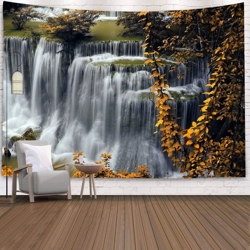 Natural 3D Waterfall Tapestry Beach Towel Landscape Primeval Forest Stream Printing Wall Carpet Yoga Mat Home Art Tapestry Decor