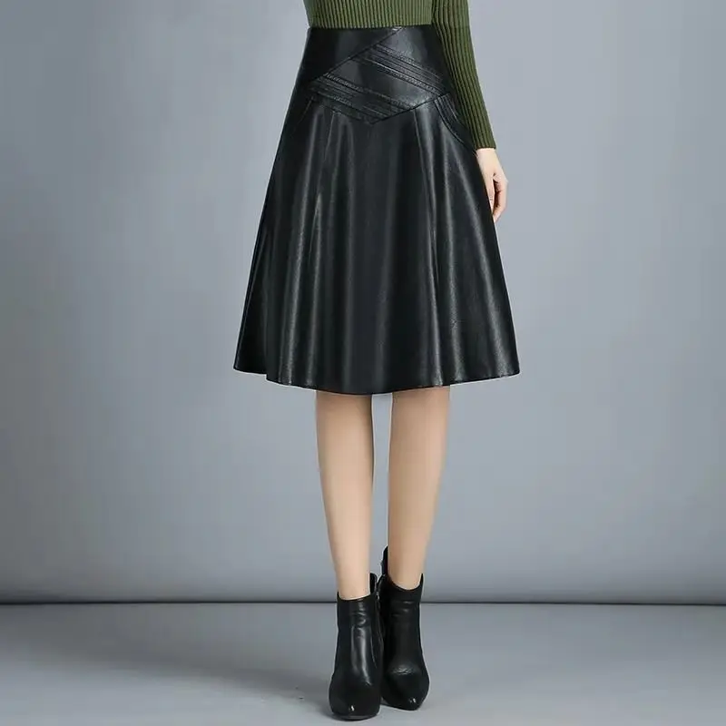 PU Leather Skirt Women's A- line Large-Size Knee-Length High-Waist Pleated Skirt Woman Skirts Mujer Faldas Saias Mulher