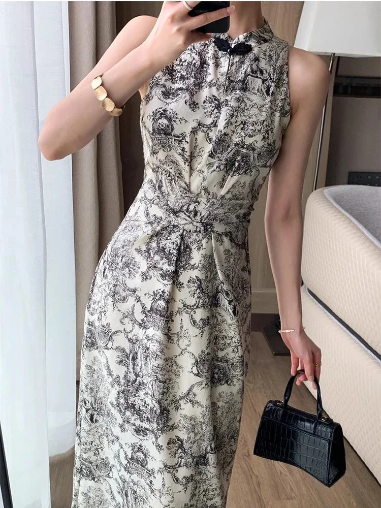 Tlbang New Vintage Print Sleeveless Midi Dresses for Women 2023 Fashion Slim Female Vestdios Lady Elegant Party Bodycon Clothing