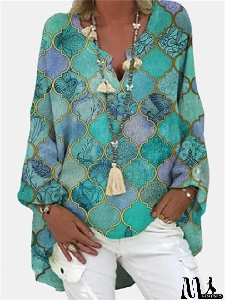 Loose Fit Notched V Neck Floral Printed Long Sleeve Pullover Tops