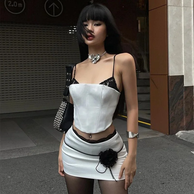 Toloer White Tube Top With Lace Patchwork And Mini Skirt Set-Outfit Ideas