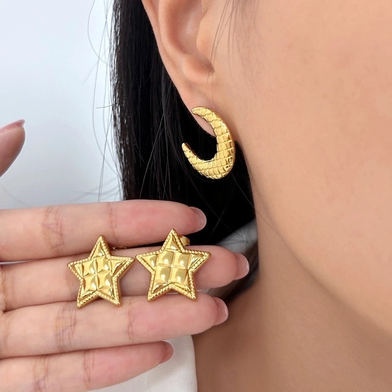 1 Pair Retro French Style Sweet Pentagram Moon 304 Stainless Steel 18K Gold Plated Ear Studs