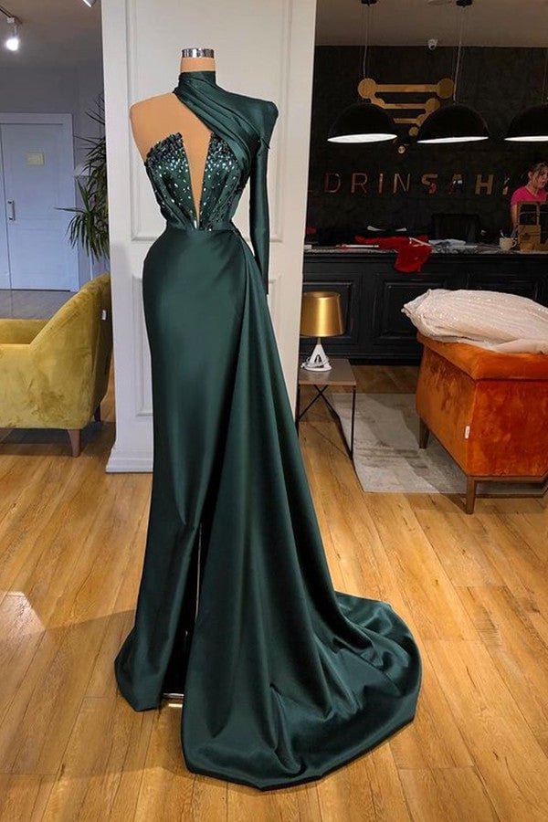 One Shoulder Dark Green Long Prom Dress With Sequins | Ballbellas Ballbellas