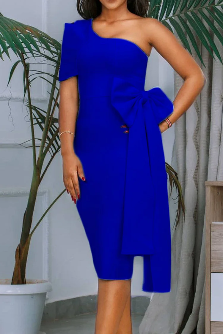 Royal Blue Casual Elegant Solid Split Joint With Bow Oblique Collar Dresses