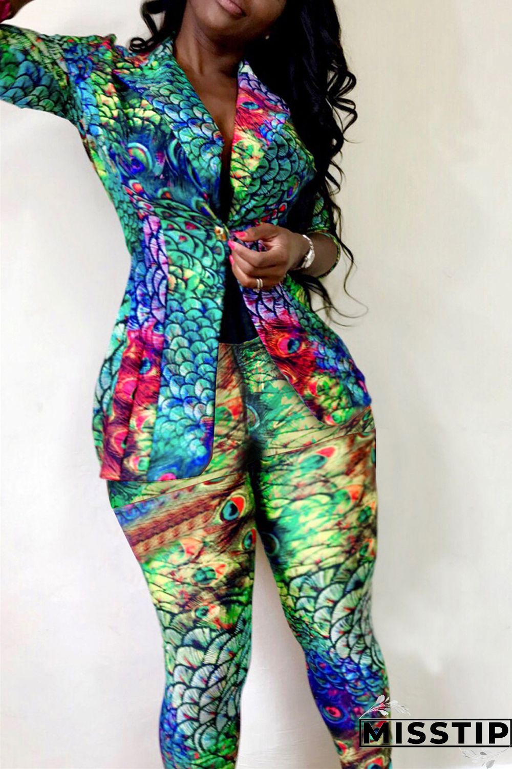 Colour Fashion Casual Print Cardigan Pants Turndown Collar Long Sleeve Two Pieces