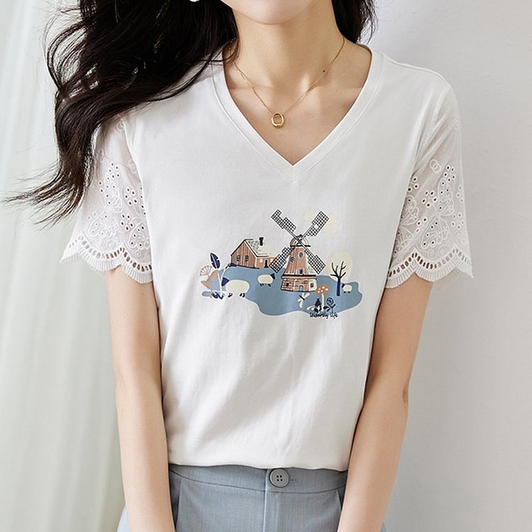 White Short Sleeve Shift Cartoon Printed Shirts & Tops QueenFunky