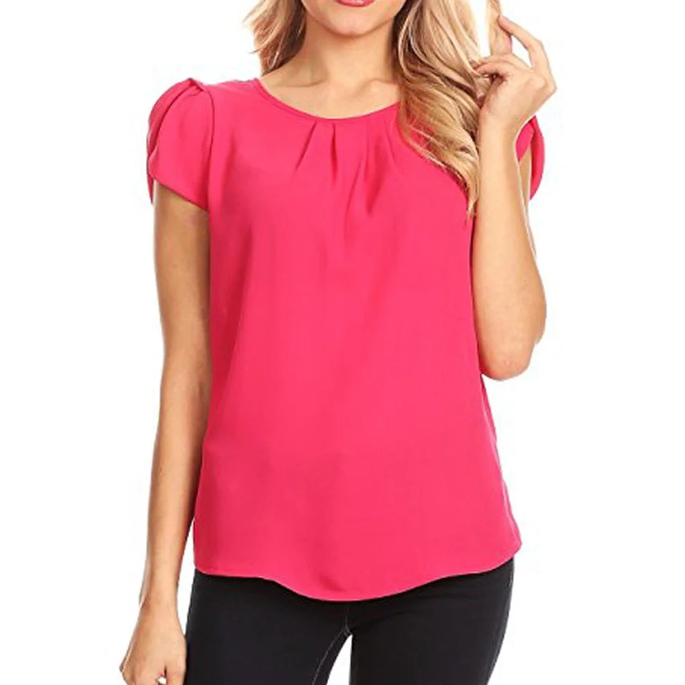 2019 Women Chiffon Solid Pure Basic Soft Red Blouses Tops Summer Top Casual Loose Short Sleeve Blouse Female Shirts Vest Blusa