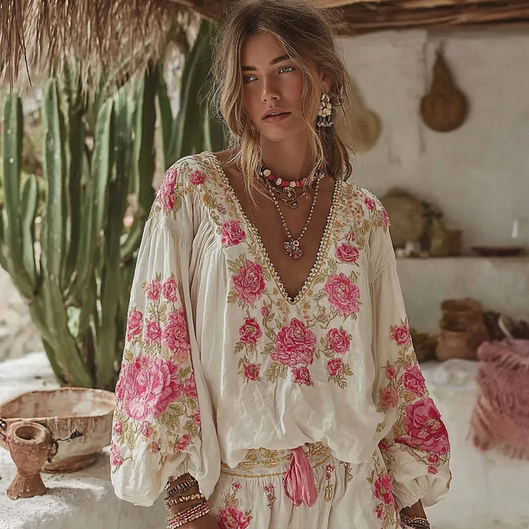 Vintage Floral Art Embroidery Linen V-neck Long Sleeves T-shirt