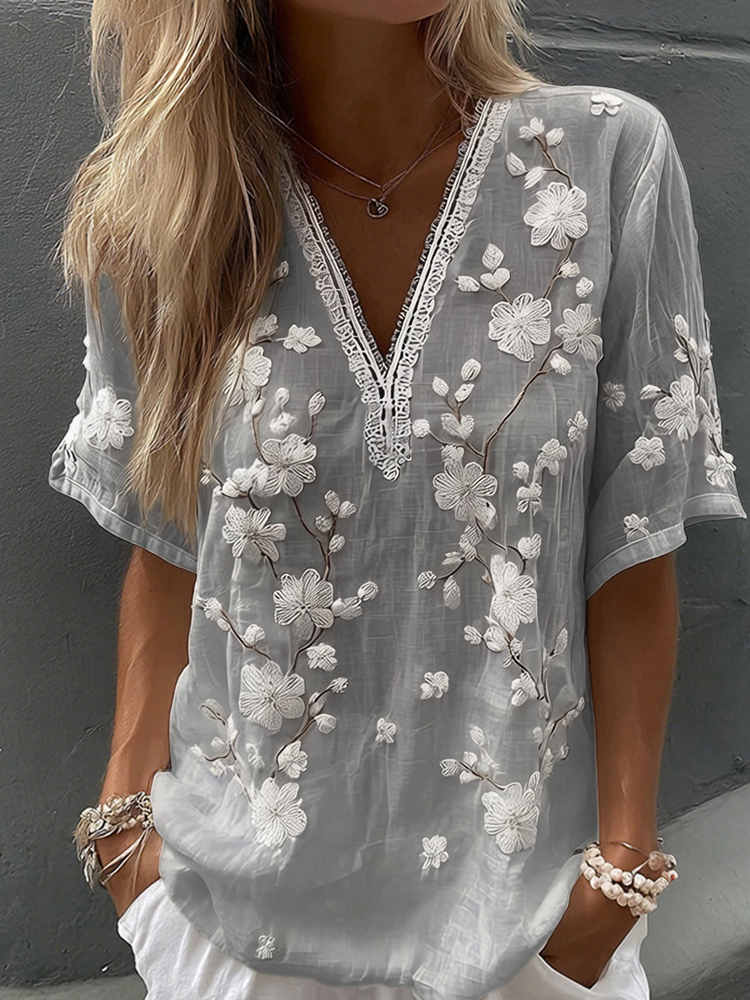 Women's Vintage Floral Print V Neck Linen Blend Short Sleeve T-shirt elevenforest