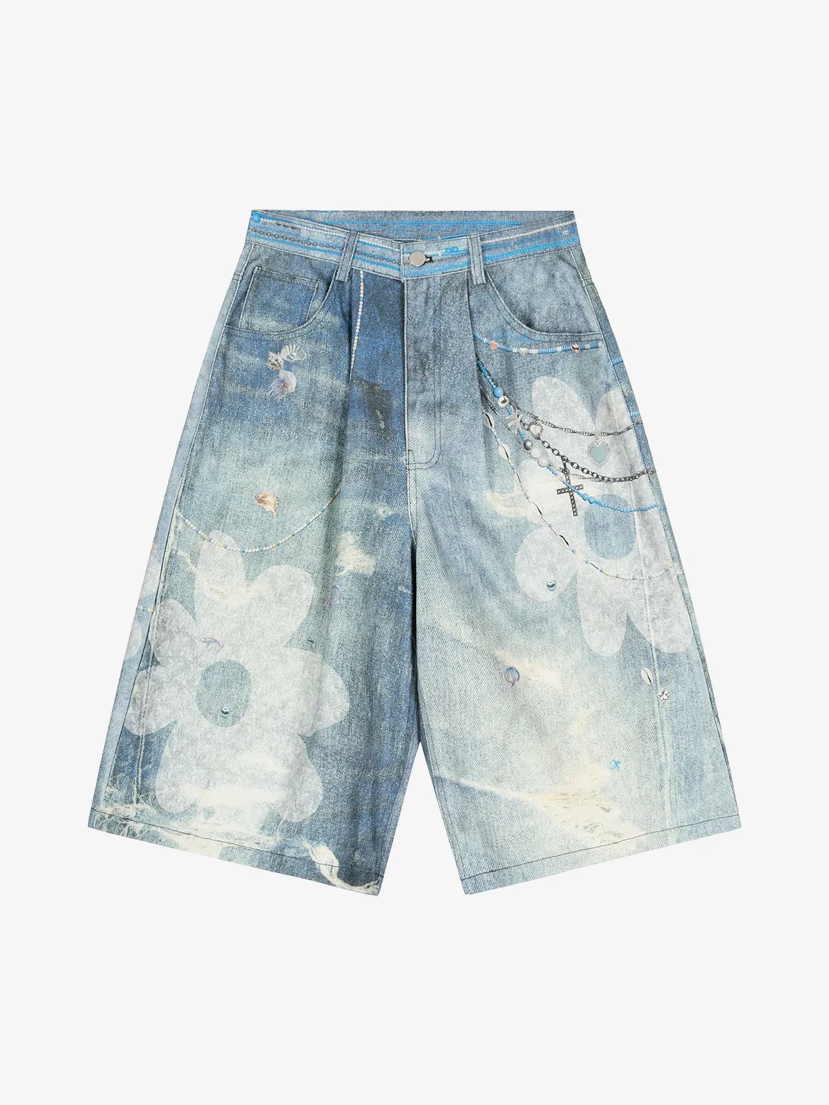 Blue Act Chic Flower 3D Chain Print Longline Jorts Front