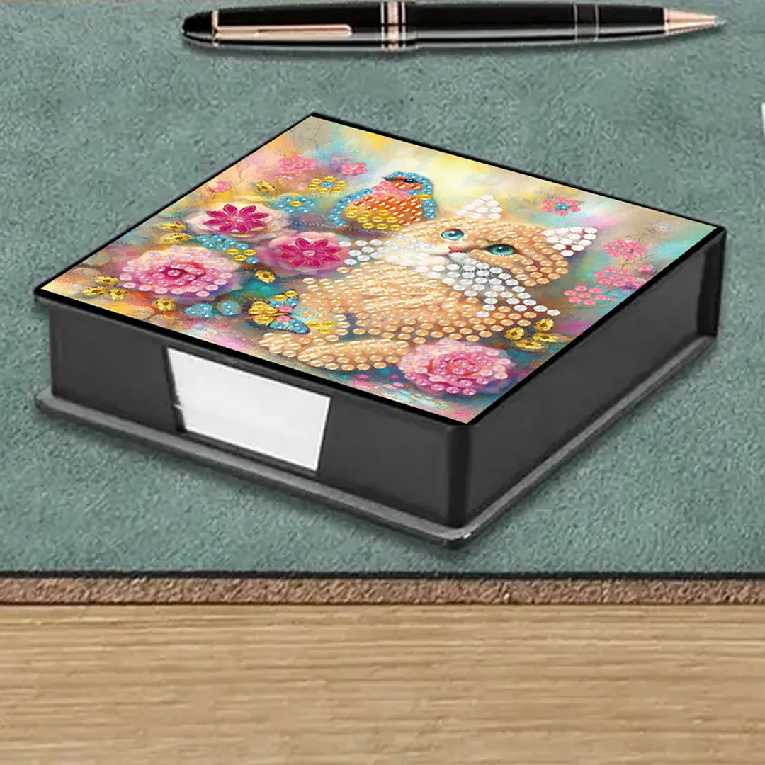 Cats Flowers PU DIY 5D Diamond Painting Note Box with 160 Sheets for Office Home