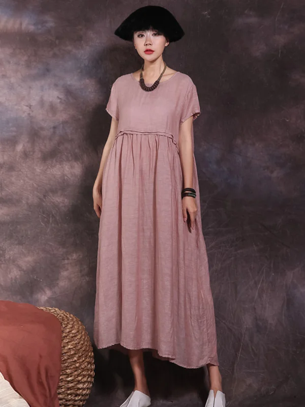 Simple Ramie Cotton Solid Color Round-Neck Ruffle Short Sleeves Midi Dress