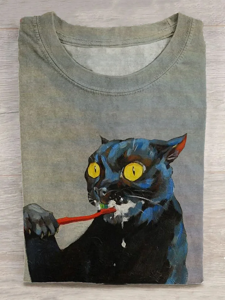 Unisex Loose Brushing Cat Print T-Shirt
