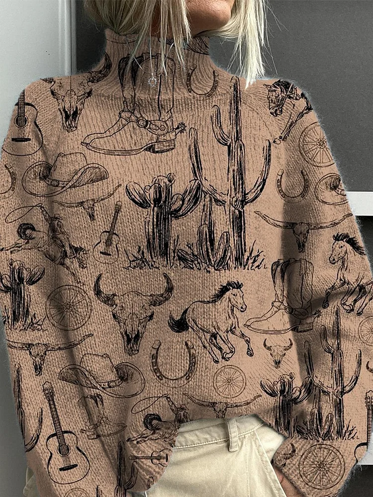 Wild Western Life Pattern Printed Knit Turtleneck Pullover Sweater