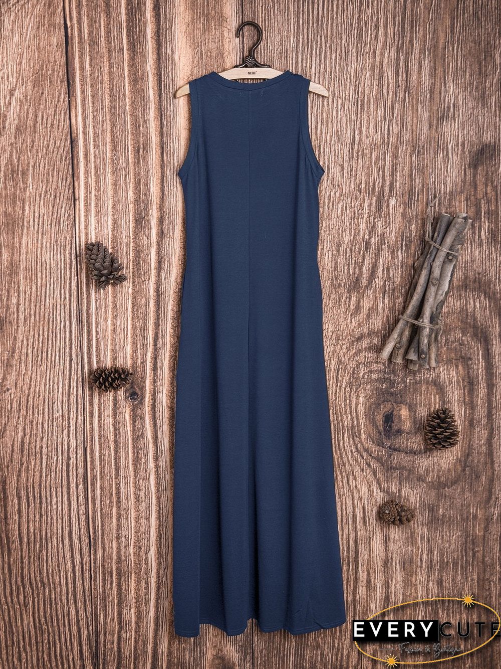 Cotton-Blend Solid Sleeveless Crew Neck Casualdress