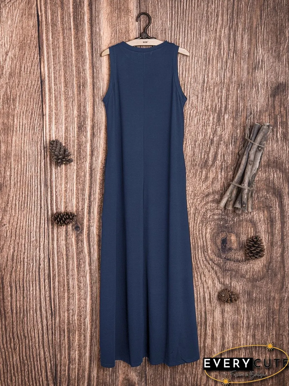 Cotton-Blend Solid Sleeveless Crew Neck Casualdress