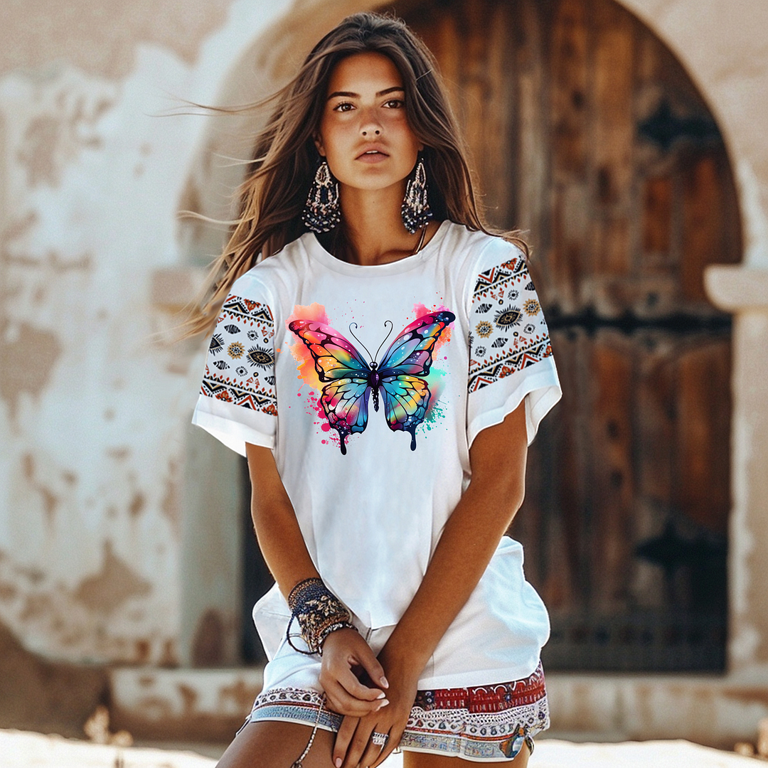 Style & Comfort for Mature Women Boho Loose Short Sleeve Plus Size Printed Soft T-shirt in Color White