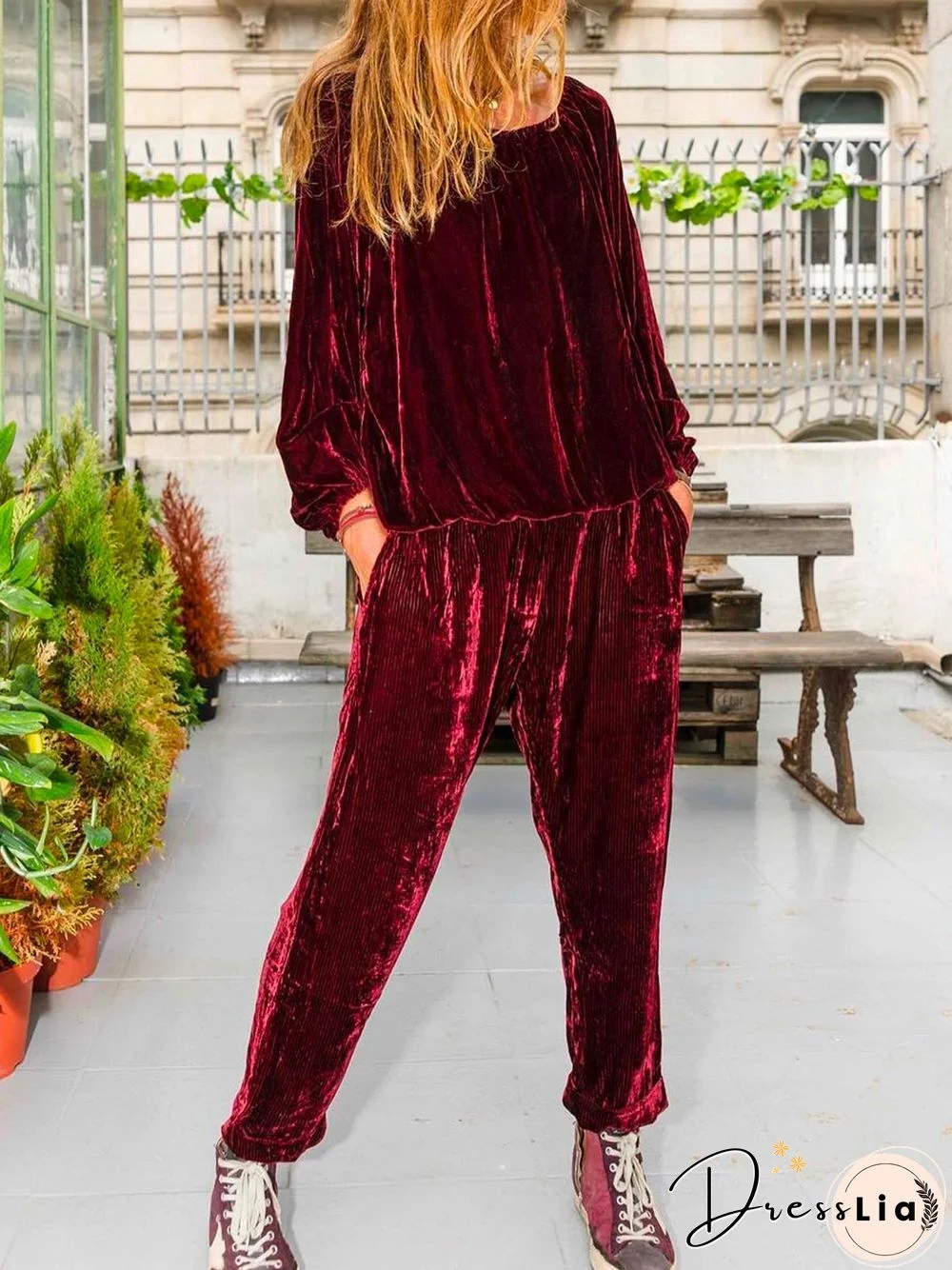 Crew Neck Velvet Loose Jumpsuit & Romper