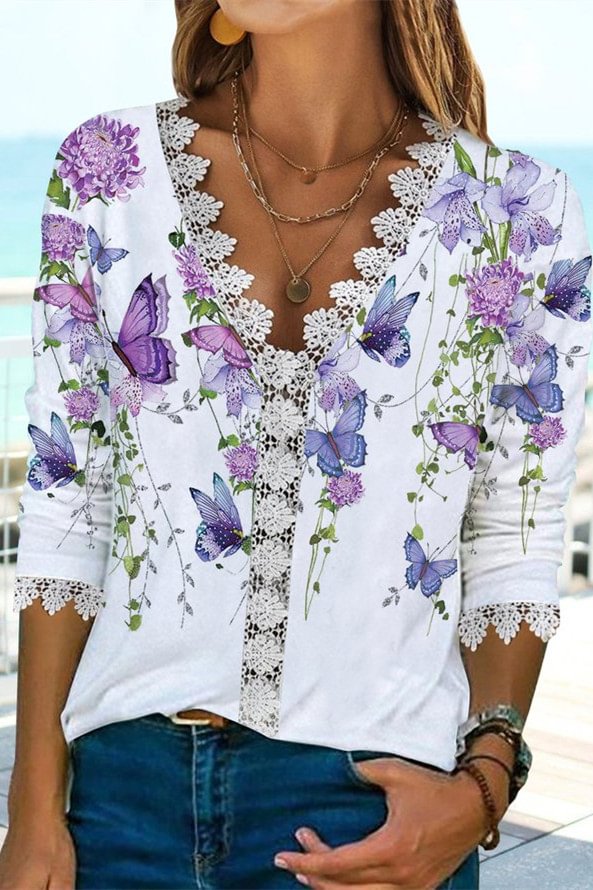 Plus Size V Neck Lace Panel Butterflies Print Long Sleeve Blouse