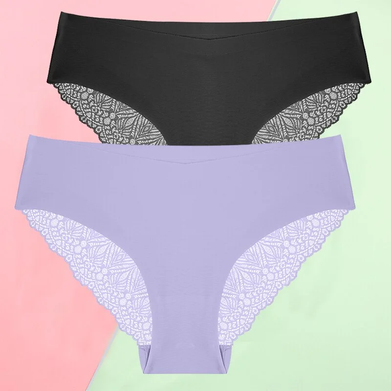 FINETOO 2PCS/Set S-XL Sexy Women Seamless Lace Pantys 6 Solid Colors Breathable Panties Lace Underwear For Girls Thong Lingerie