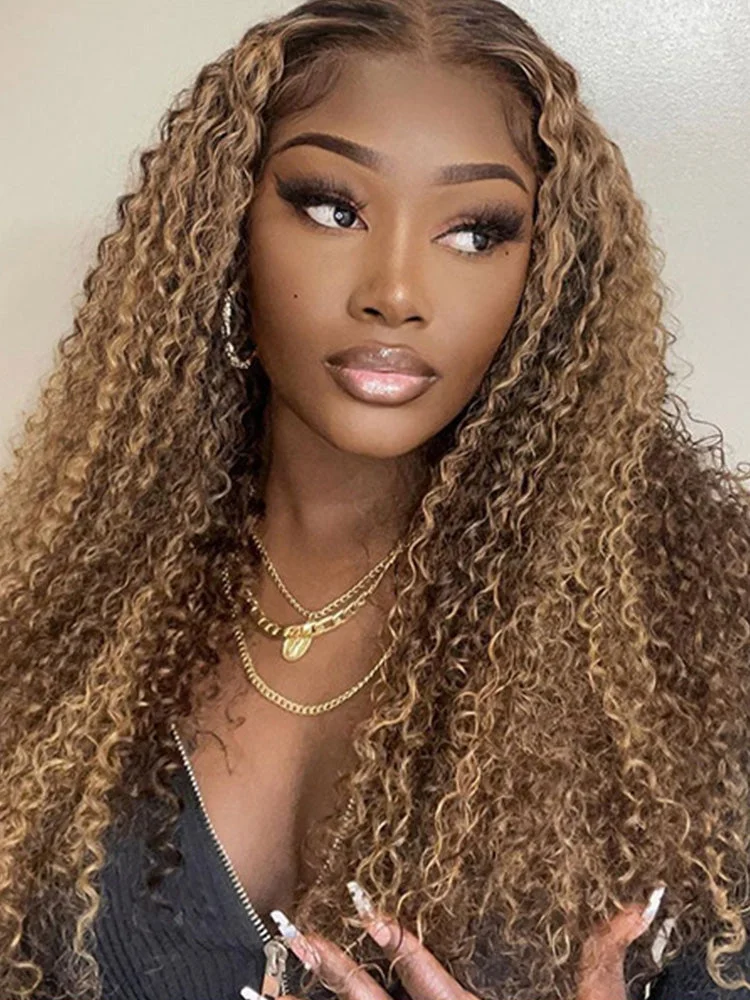 Xsywig Highlights Ombre Human Hair Wigs Kinky Curly Transparent Lace Wigs Pre plucked