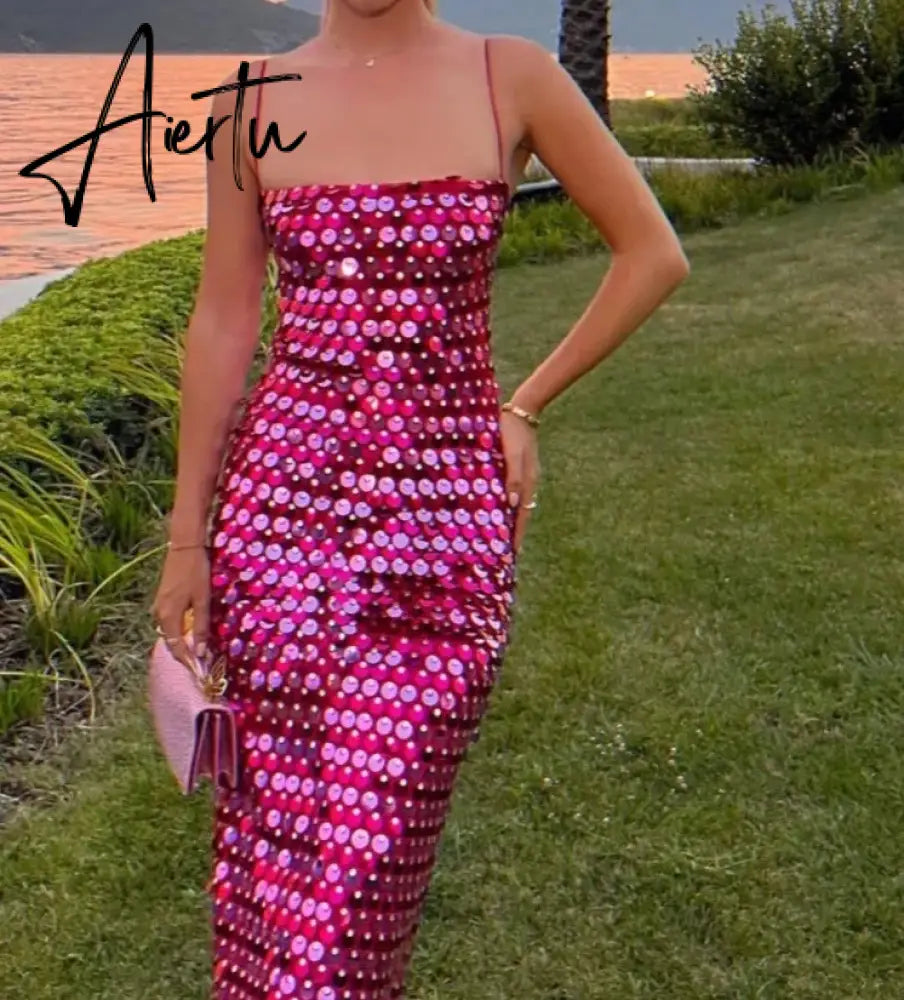 Elegant Sparkling Slim Sequin Dress Women High Quality Backless Spaghetti Strap Party Dresses New Chic Lady Long Aiertu
