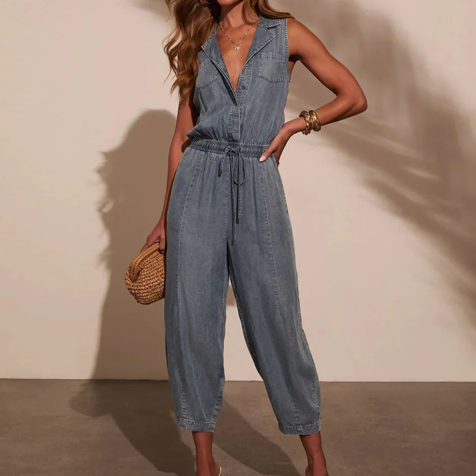 Women's Summer Casual Thin Denim Jumpsuit V-Neck Sleeveless Elastic Waist Jumpsuit