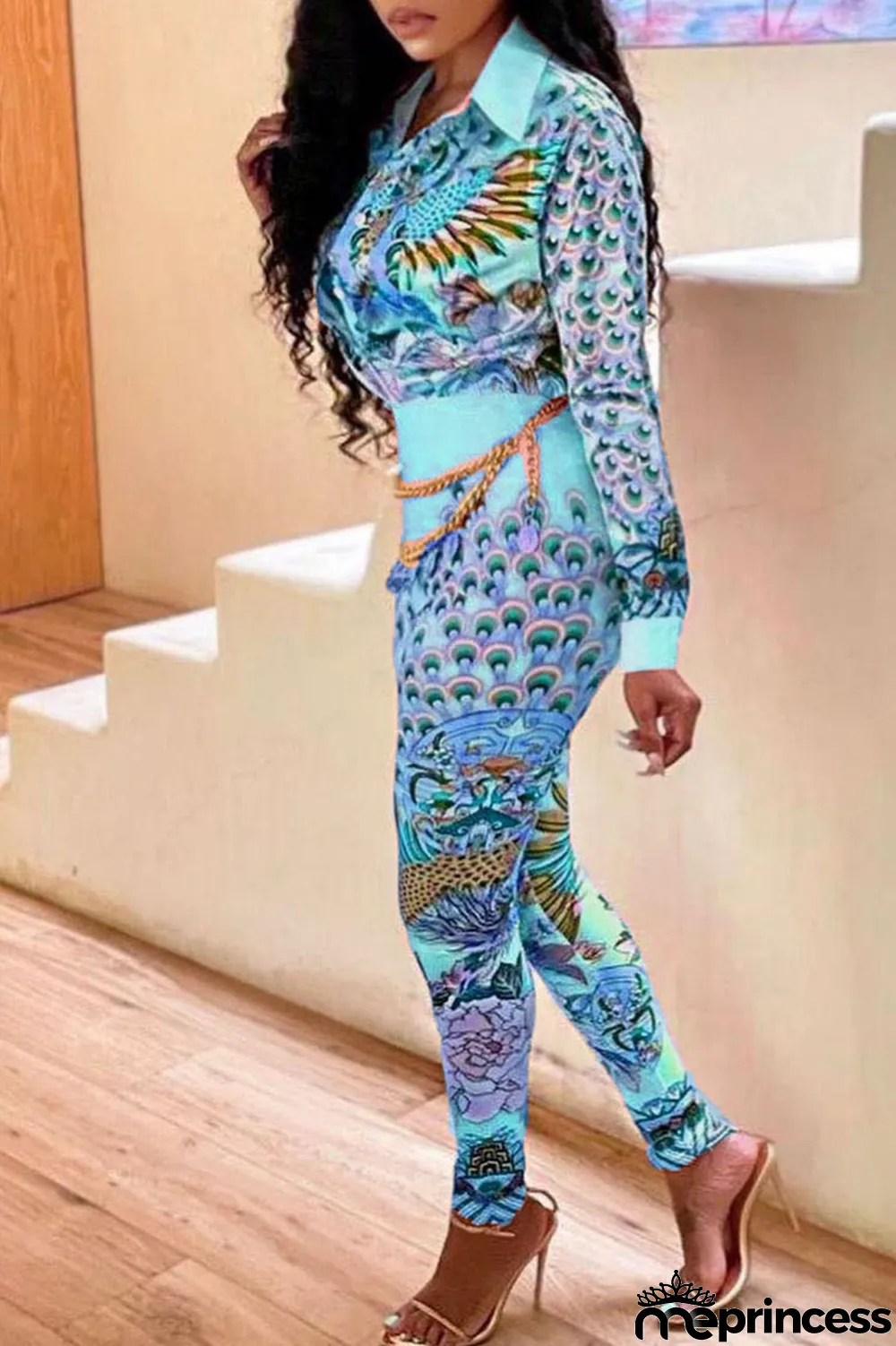 Purple Casual Print Split Joint Buckle Turndown Collar Long Sleeve Two Pieces(Without Belt)