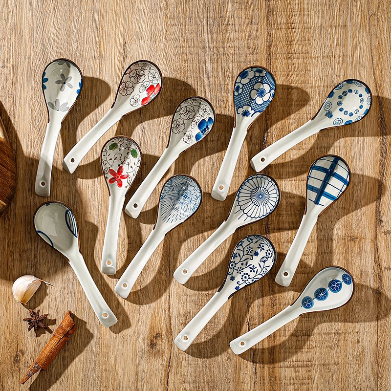 Japanese-style Small Spoon Ceramic Spoon Household Blue And White Porcelain Soup Spoon Creative Cute Pattern Spoon
